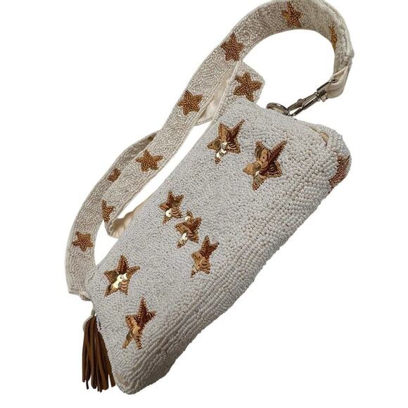 Beaded White Gold Star Crossbody Handbag Purse Rockstar Removeable Strap Bridal - Picture 4 of 16